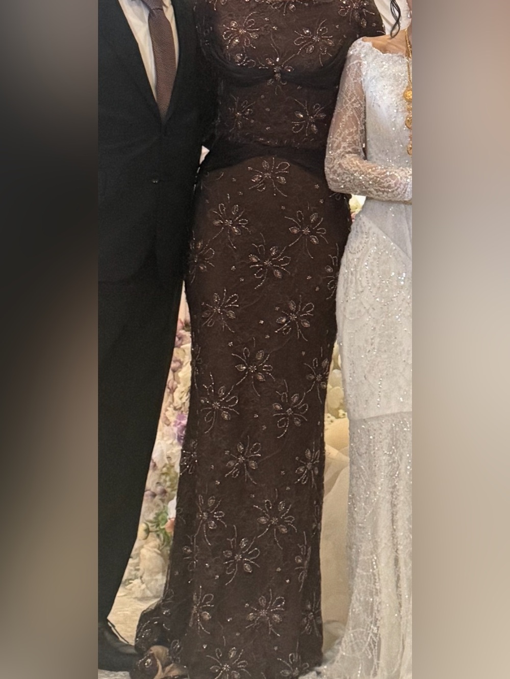 Elegant Brown Beaded Evening Dress